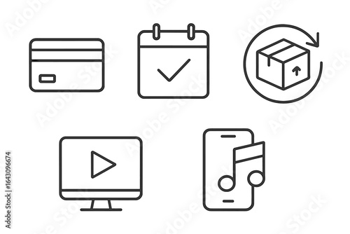 Icons representing various online services for shopping, scheduling, delivery tracking, and entertainment