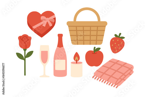 Cute picnic setup with romantic items, including a basket, rose, and sparkling beverage in a cozy arrangement