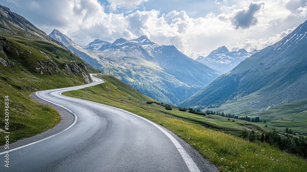 Fototapeta premium Winding mountain road through lush alpine landscape.