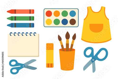 Colorful art supplies arranged for a creative activity in a classroom or home art space