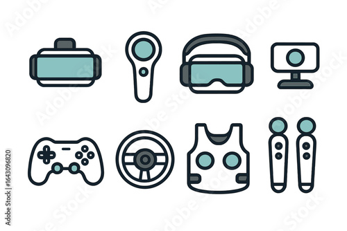 Virtual reality gaming equipment and accessories displayed on a clean background