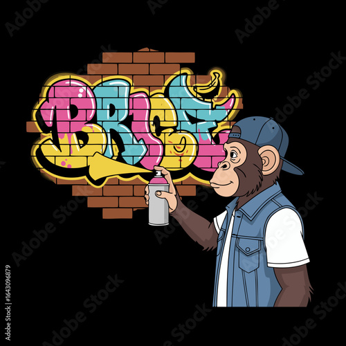 Cool cartoon monkey graffiti artist in a denim vest and cap spray painting colorful art on a brick wall.