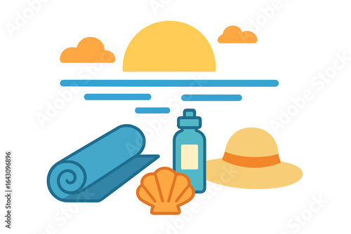 Relaxing beach setup with summer essentials like a mat, hat, water bottle, and seashell at sunset