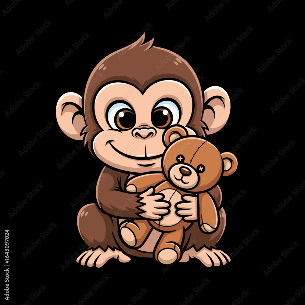 Obraz premium Cute cartoon baby monkey smiling and hugging a small brown teddy bear.