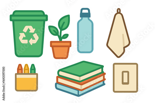 Sustainable living essentials collection featuring recycling, plant care, and eco-friendly items at home
