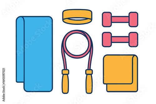 Fitness equipment including dumbbells and a jump rope arranged neatly on a white background for workout motivation
