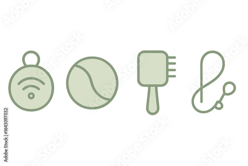 Collection of pet accessories including a tag, ball, brush, and leash designed for animal care and playtime