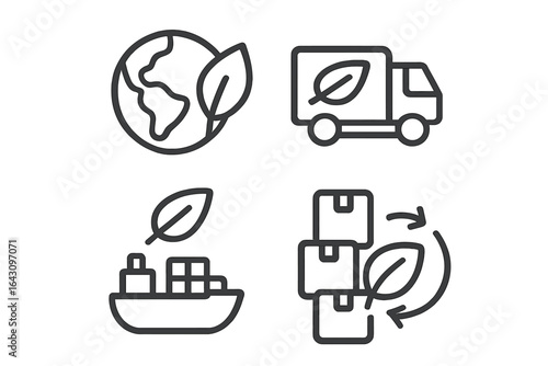 Environmental transportation icons illustrating global shipping and sustainable logistics methods for eco-friendly delivery