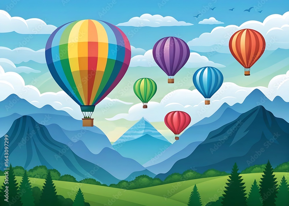 Fototapeta premium Colorful hot air balloons float over blue mountains