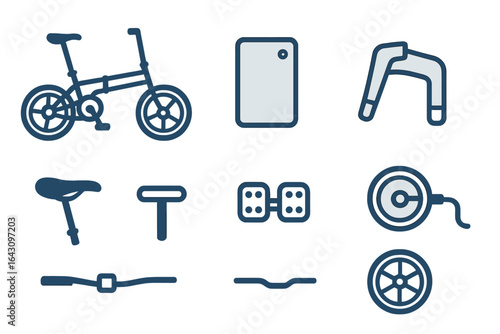 Bicycle parts arranged on a light background showcasing diverse components for maintenance and repair