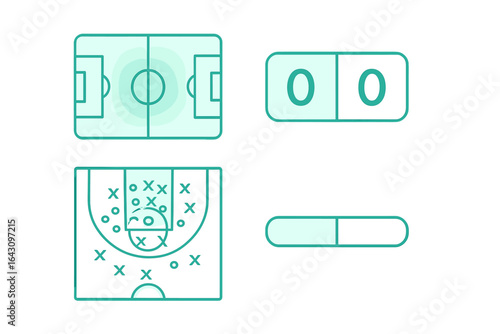 Visual representation of various sports courts including soccer, basketball, and swimming pool layouts in a simplified design