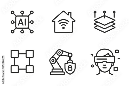 Icons representing artificial intelligence, smart home technology, machine learning, and robotics concepts, suitable for technology-related content