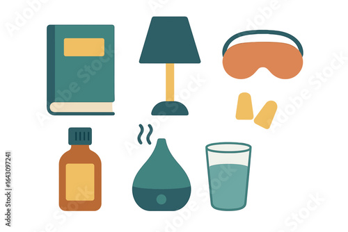 Relaxation essentials for a peaceful night at home including a book, a lamp, and aromatherapy