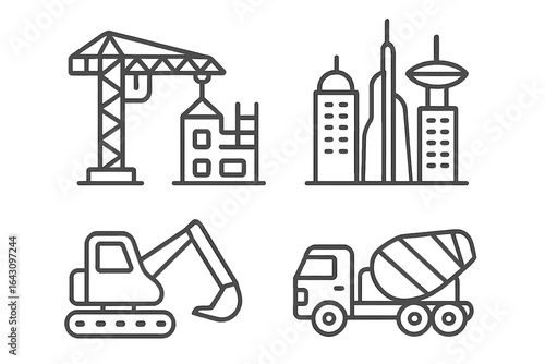 Construction equipment and urban skyline development in a modern city setting during daytime hours