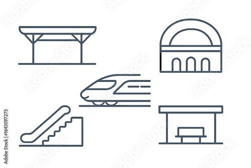 Modern train station elements including platform, train, escalator, and waiting area in a minimalistic design