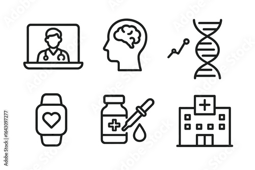 Digital health icons illustrate telemedicine, brain research, and wellness technology trends in a modern healthcare landscape