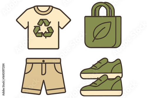 Eco-friendly clothing and accessories featuring a recycled t-shirt, shorts, bag, and shoes displayed together