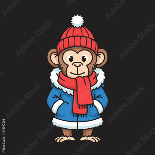 Cute cartoon monkey in a blue winter coat red scarf and matching pompom beanie standing with hands in pockets.