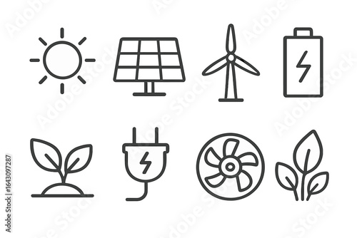 Renewable energy symbols representing solar, wind, and battery technologies in a clean digital design