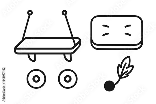 Creative sketch of toys featuring a swingset, block, wheels, and a leaf, perfect for children's playtime fun and imagination