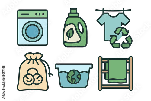 Laundry essentials for eco-friendly washing with detergent, clothes, and recycling symbols displayed clearly