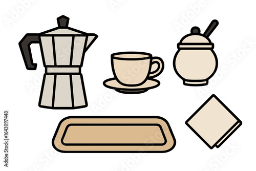 Coffee brewing equipment arranged on a table ready for a cozy morning ritual with cup and sugar bowl