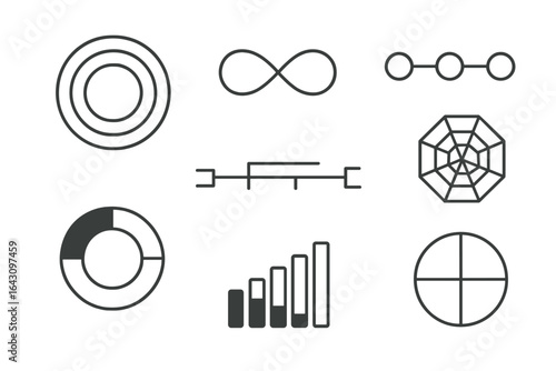 Collection of modern geometric icons representing data visualization and analytical tools in black and white design