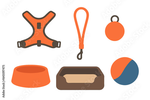Collection of orange dog accessories including a harness, leash, bowls, and ball displayed on a white background