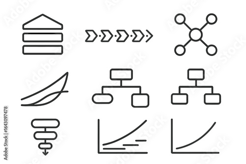 Line art symbols represent various concepts in design and data visualization suitable for presentations in a modern workspace environment