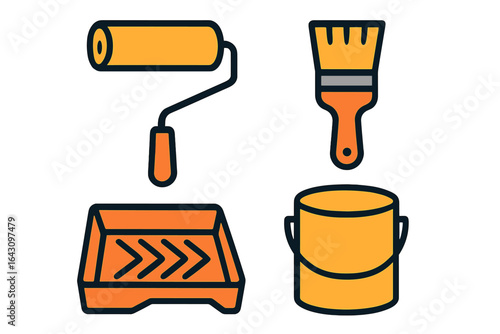 Colorful painting supplies include a roller, brush, paint tray, and bucket in a renovation setting at home