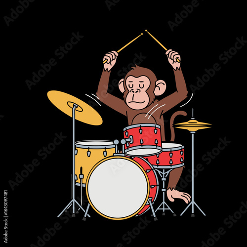 Energetic cartoon monkey with a focused expression playing a colorful drum kit with raised drumsticks.