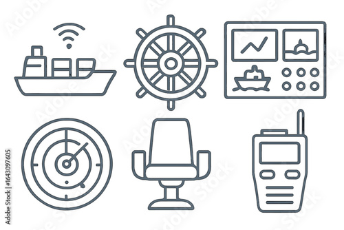 Nautical navigation tools and symbols displayed on a digital interface with a ship outline in the background