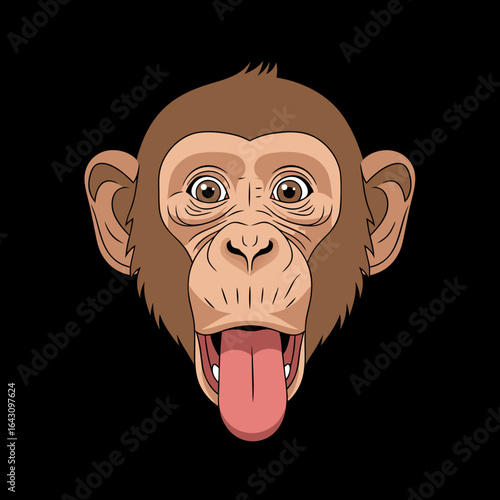 Funny cartoon monkey head with wide red eyes and tongue sticking out.