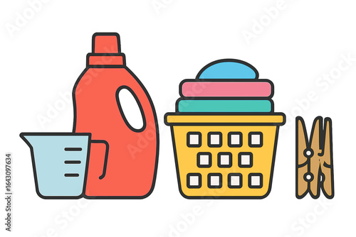 Laundry supplies arranged on a white background featuring detergent, fabric softener, a laundry basket, and clothespins