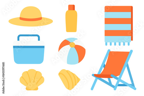 Beach essentials include sun hat, sunscreen, towel, cooler, beach ball, shells, and deck chair for a fun summer day