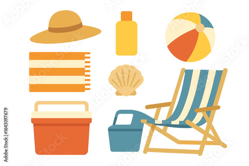 Vacation essentials for a relaxing day at the beach with colorful accessories and summer items