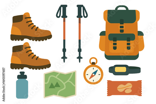 Hiking equipment including boots, backpack, and compass for outdoor adventure preparation