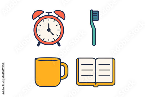 Morning routine essentials including alarm clock, toothbrush, coffee mug, and book for a productive day ahead
