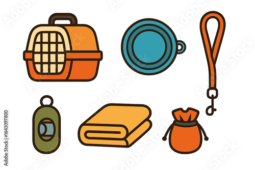 Pet travel essentials including carrier, bowl, leash, and towel on a white background for ease of pet transportation