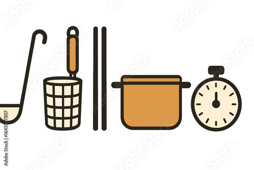 Cooking tools and equipment line up for a culinary preparation in a modern kitchen setting