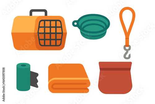 Essential pet care items for travel and daily activities, featuring a carrier, a bowl, a leash, and accessories