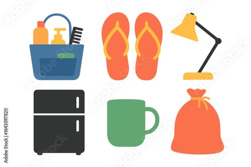 Colorful collection of everyday items arranged in a simple layout showcasing home essentials and leisure objects