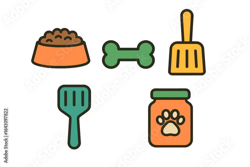 Pet care essentials including food bowl, bone, scoop, and grooming jar on a white background during a sunny day