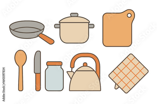 Kitchen utensils and cookware arranged on a white background for cooking preparation and culinary activities