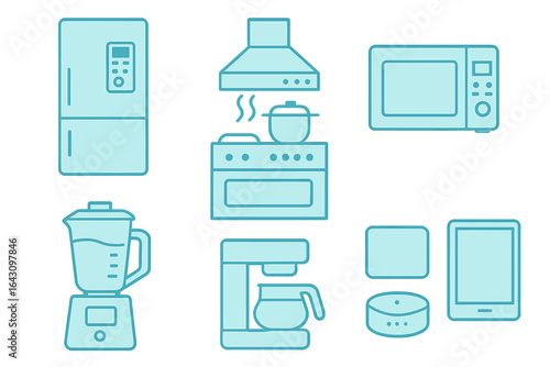 Kitchen appliances and gadgets layout in a modern kitchen design featuring cooking and food preparation tools