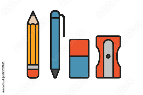 Colorful school supplies including pencil, pen, eraser, and sharpener arranged neatly on a white background