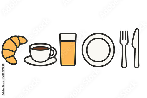 Food and drink items arranged on a table during breakfast, showcasing a croissant, coffee, juice, and utensils