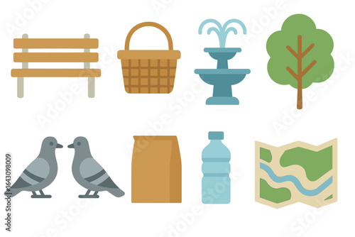Park elements featuring a bench, fountain, tree, and wildlife in a public space