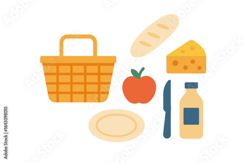 Picnic basket with food items including cheese, bread, apple, and drink placed on a white background