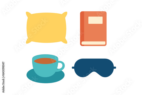 Cozy relaxation essentials including a pillow, book, warm drink, and sleep mask for a peaceful evening